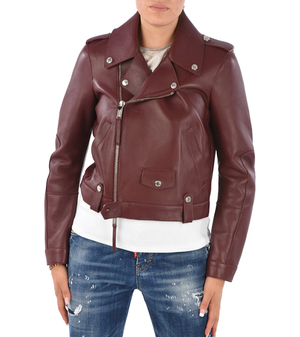 Womens Burgundy Biker Leather Jacket 1
