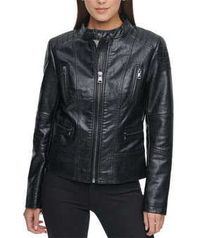 Women Hoodie Style Black Leather Jacket | CLJ