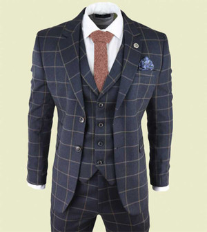 Mens Navy Blue Windowpane Check 3 Piece Suit Mens Navy Blue Windowpane Check 3 Piece Suit