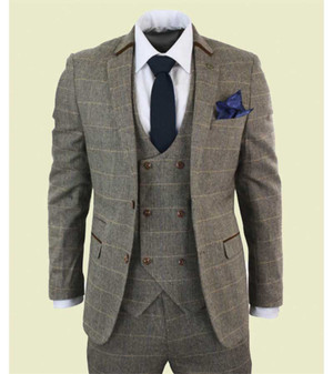 Mens 3 Piece Herringbone Tweed Tan Brown Checkered Suit 1 Mens 3 Piece Herringbone Tweed Tan Brown Checkered Suit 1