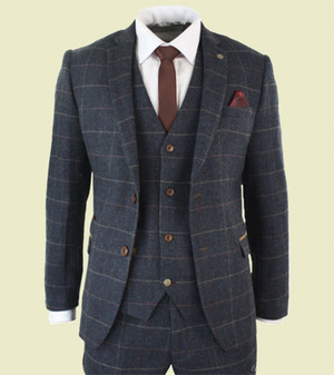 Mens Navy Blue Checkered Vintage 3 Piece Suit 1 Mens Navy Blue Checkered Vintage 3 Piece Suit 1