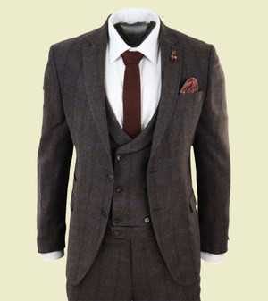 Mens Brown Check Print 3 Piece Tweed Suit Mens Brown Check Print 3 Piece Tweed Suit