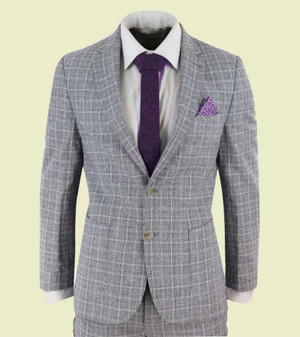 Mens Grey Check Printed 2 Piece Linen Suit 1 Mens Grey Check Printed 2 Piece Linen Suit 1