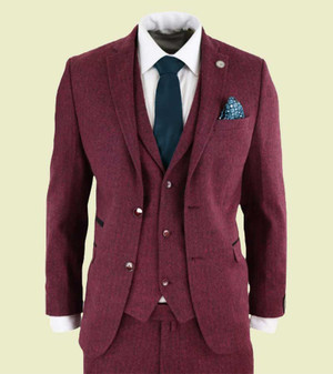 Mens Tweed Herringbone Wine Burgundy 3 Piece Suit 1