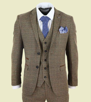 Mens Brown Tweed Check Print 3 Piece Suit 1 Mens Brown Tweed Check Print 3 Piece Suit 1
