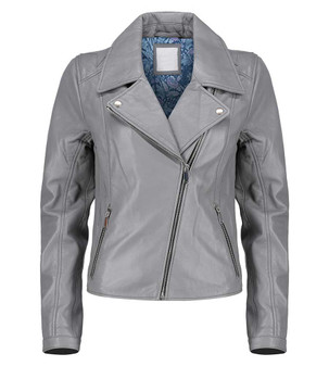Asymmetrical Women Grey Motorcycle Leather Jacket 1