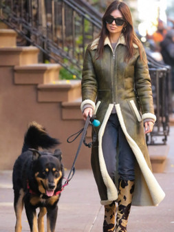 American Model Emily Ratajkowski Green Leather Coat