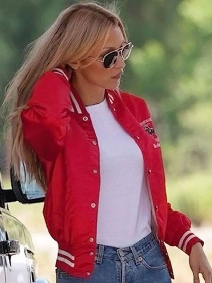 Bella Hadid Street Style Red Varsity Bomber Jacket