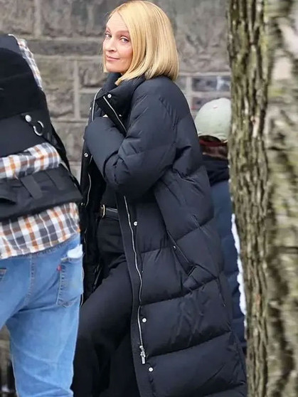 Olive Dexter Resurrection 2025 Charley Uma Thurman Black Puffer Coat
