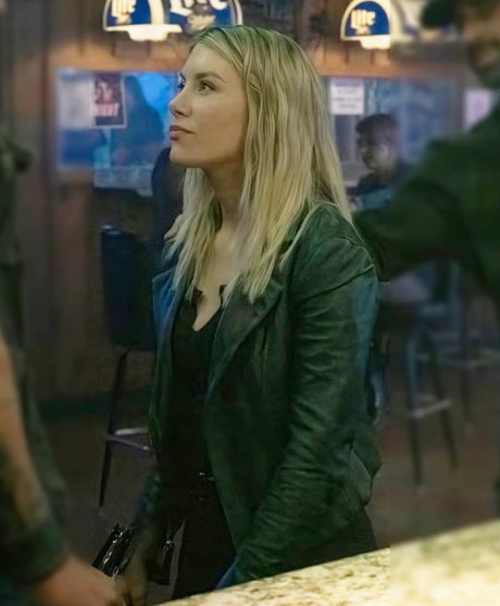 Emilia Harcourt Peacemaker 2025 Jennifer Holland Leather Jacket