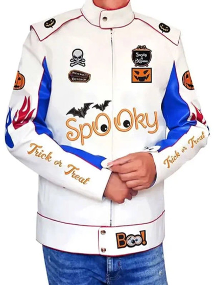 Spooky Trick Or Treat Pumkin Halloween White Motorcycle Leather Jacket