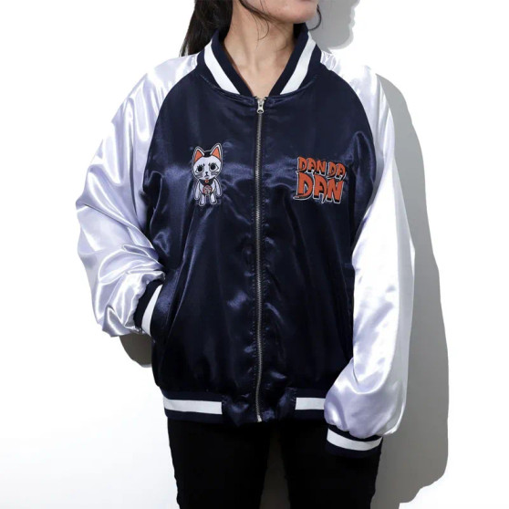 Blue and White Dandadan Souvenir Varsity Satin Bomber Jacket