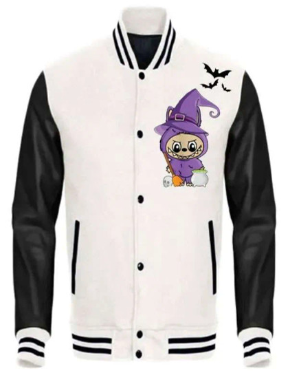 White and Black Halloween Labubu Trick or Treat Varsity Jacket