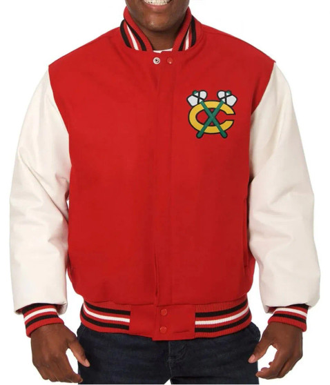 Chicago Blackhawks Red and White Varsity Jacket