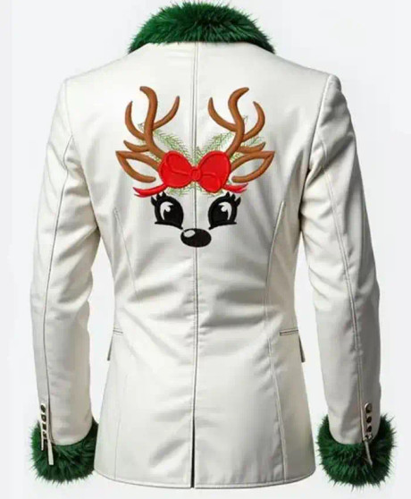 Christmas Deer Embroidered White Blazer