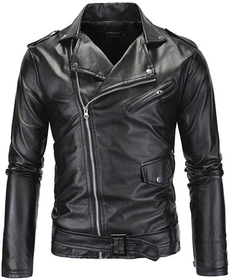 Mens Slim Fit Belted Rider Black Leather Jacket | CLJ