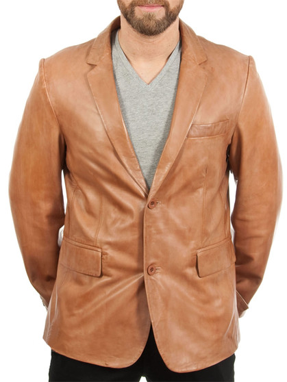 Mens 2 Button Tan Leather Blazer 1