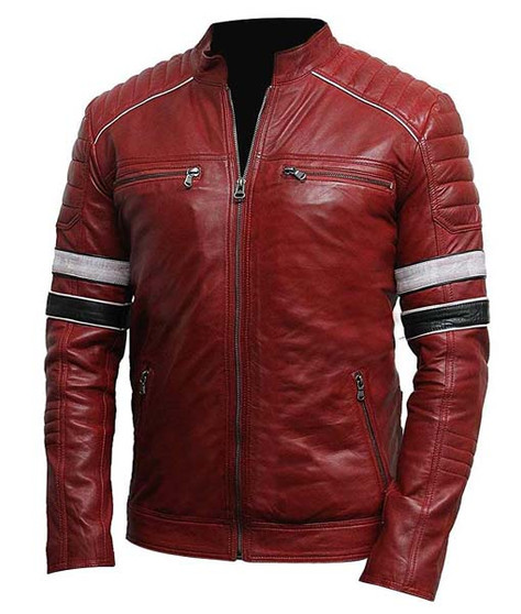 Striped Shoulder Padded Café Racer Mens Red Leather Jacket 1