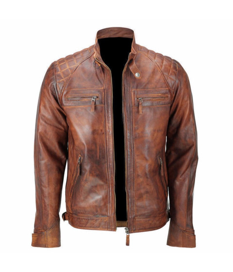 Men's Motorcycle Quilted Cafe Racer Leather Jacket3