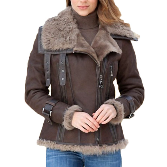 Women Brown Shearling Leather Jacket | CLJ