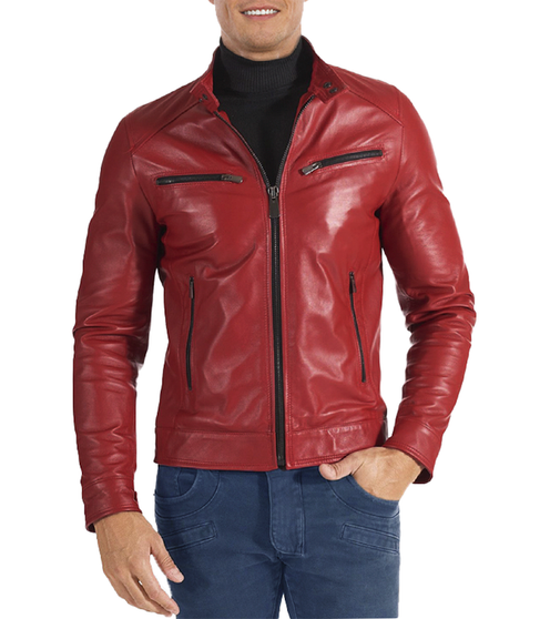Mens Slim Fit Red Biker Leather Jacket 1