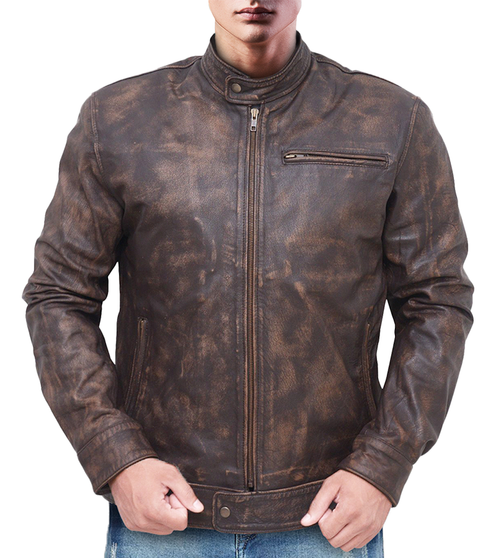 Mens Faded Brown Distressed Leather Jacket