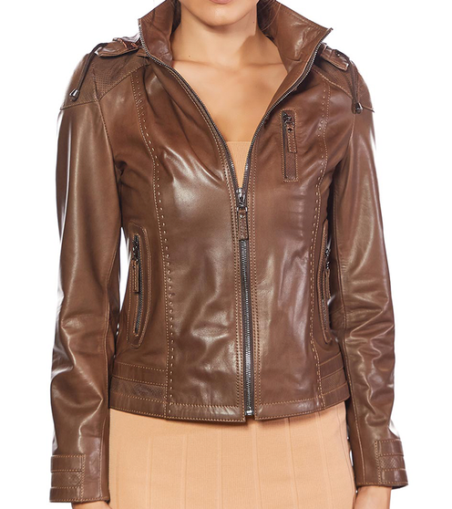 Womens Brown Hooded Leather Jacket 1