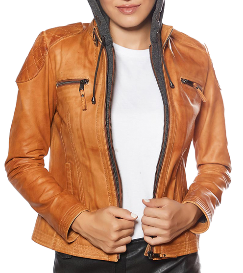 Womens Brown Lambskin Leather Hooded Jacket 1