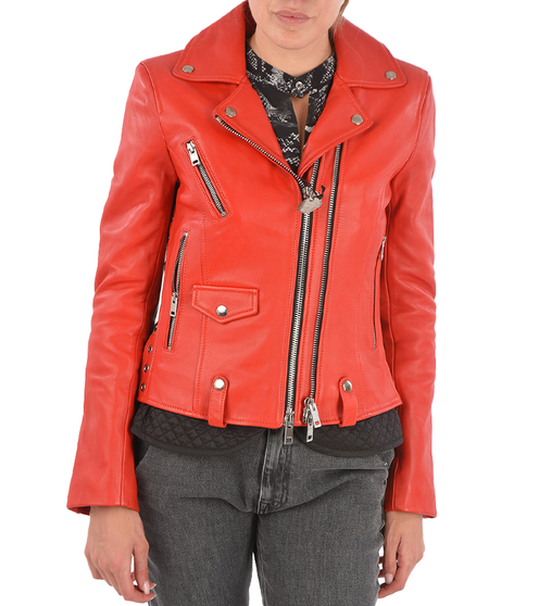 Womens Red Dual Zipper Biker Leather Jacket 1