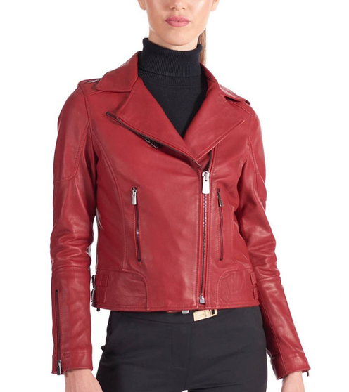Womens Red Biker Zipper Leather Jacket 1 Womens Red Biker Zipper Leather Jacket 1