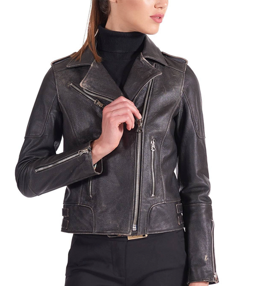 Womens Black Asymmetrical Biker Style Leather Jacket 1