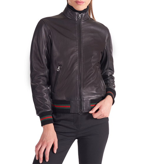 Womens Black Biker Bomber Leather Jacket 1