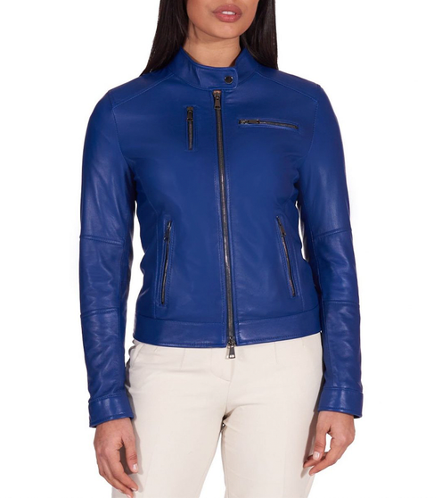 Womens Blue Snap Tab Collar Biker Leather Jacket 1