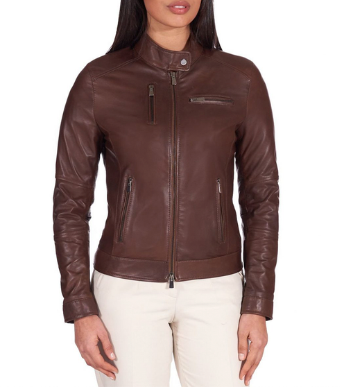 Womens Brown Snap Tab Collar Biker Leather Jacket 1