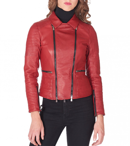 Womens Double Zipper Red Leather Biker Jacket 1 Womens Double Zipper Red Leather Biker Jacket 1