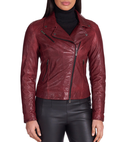 Womens Maroon Leather Motorcycle Jacket 1