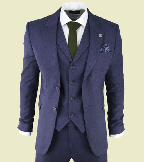 Mens Navy-Blue Herringbone Tweed 3 Piece Suit 1