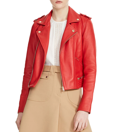 Womens Notched Collar Red Leather Moto Zipper Jacket 1