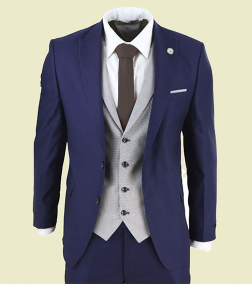 Mens Navy Blue 3 Piece Suit with Contrasting Grey Waistcoat 1 Mens Navy Blue 3 Piece Suit with Contrasting Grey Waistcoat 1