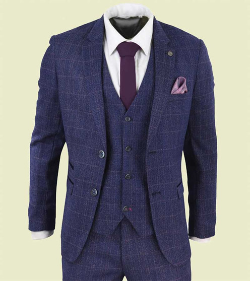 Mens Blue 3 Piece Tweed Suit 1