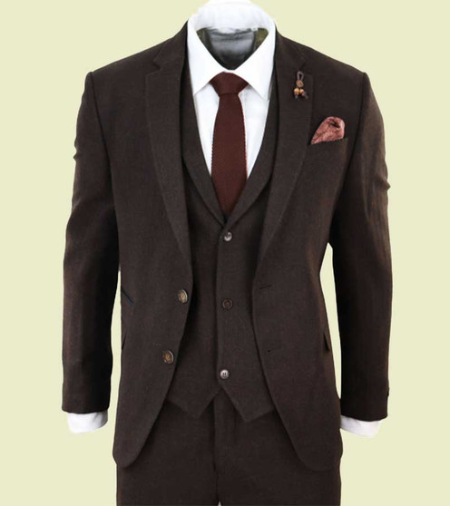 Mens Dark Brown Herringbone Tweed 3 Piece Suit 1