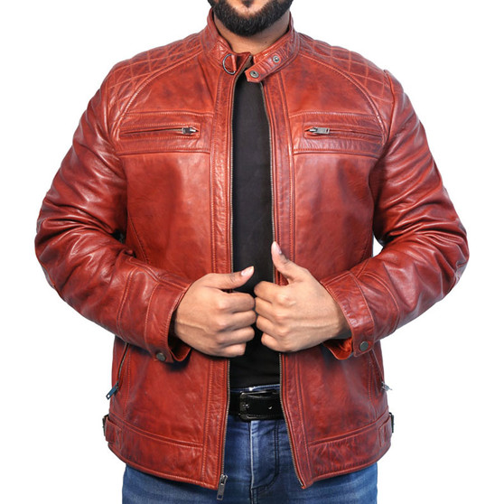 Mens Real Lambskin Leather Round Collar Jacket