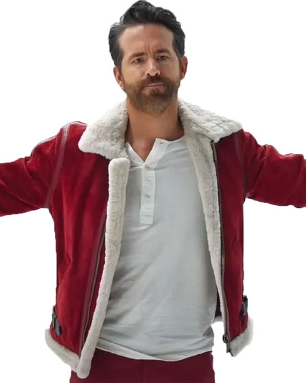 Spirited 2022 Ryan Reynolds Red Shearling Suede Jacket 