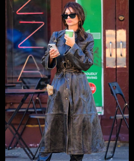 NYC Street 2023 Emily Ratajkowski Brown Leather  Coat NYC Street 2023 Emily Ratajkowski Brown Leather  Coat