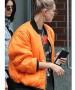 Hailey Bieber Orange Bomber Jacket