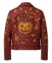 Halloween Pumpkin Print Maroon Leather Biker Jacket