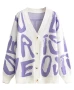 White With Purple Graphic Letters Print Pattern Knitted Cardigan