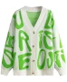 White With Green Graphic Letters Print Pattern Knitted Cardigan