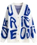 White With Blue Graphic Letters Print Pattern Knitted Cardigan