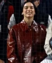 NYC Yankee Stadium Game Dua Lipa Burgundy Leather Coat